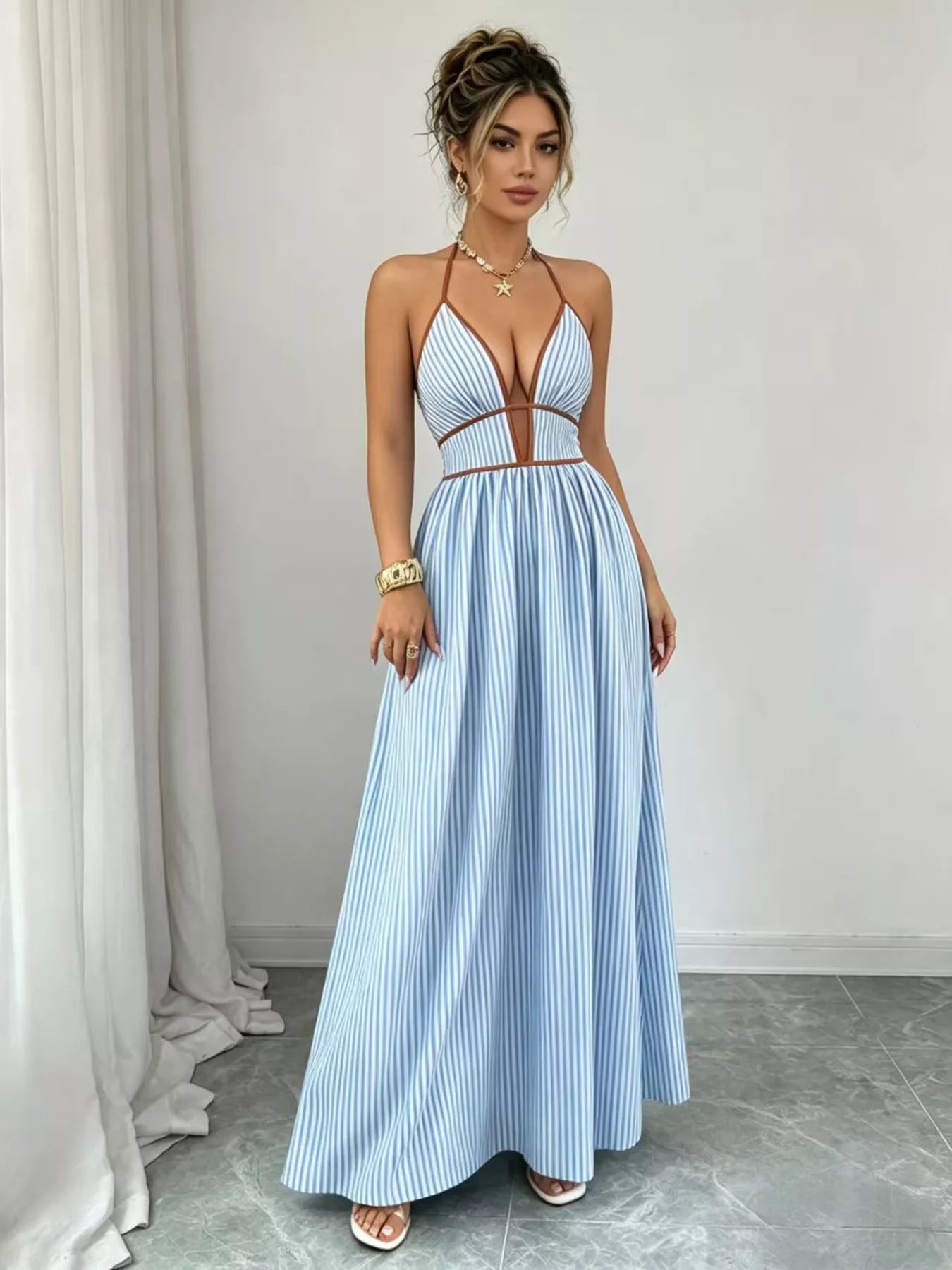 Striped Halter Neck Maxi Dress - -
