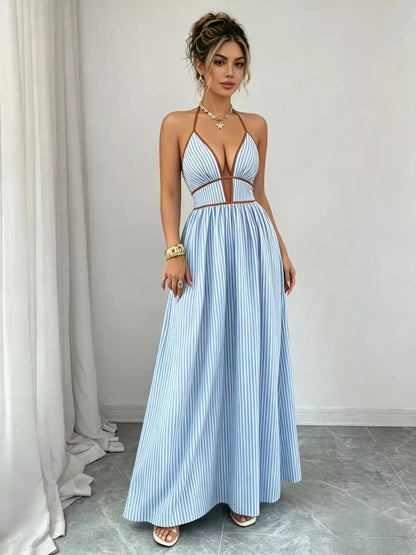 Striped Halter Neck Maxi Dress - -