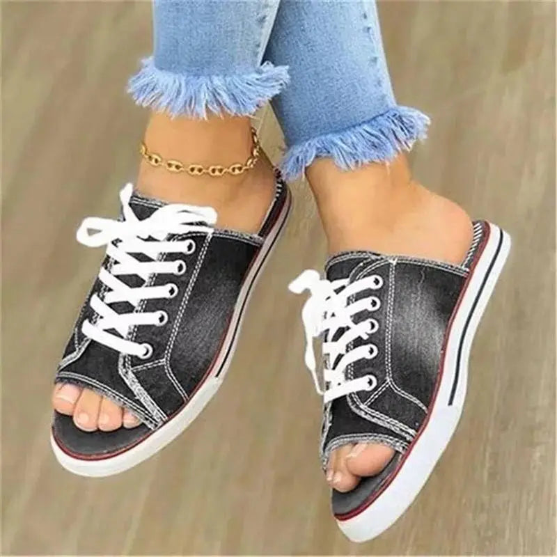 Summer Casual Canvas Shoes Peep Toe Lace Up Denim Ladies Flat Sandals