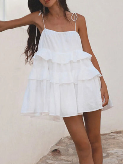 Ruffle Layered Tie Shoulder Cami Dress - -