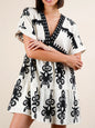 Printed V-Neck Short Sleeve Mini Dress - Black -