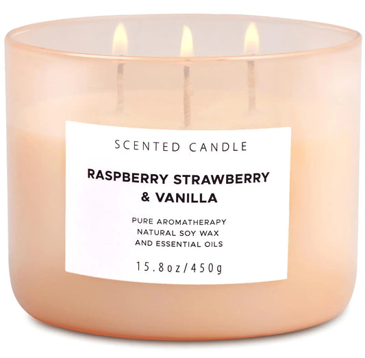 Large 3 Wick Highly Scented Raspberry Strawberry Vanilla Candle - n a - candle