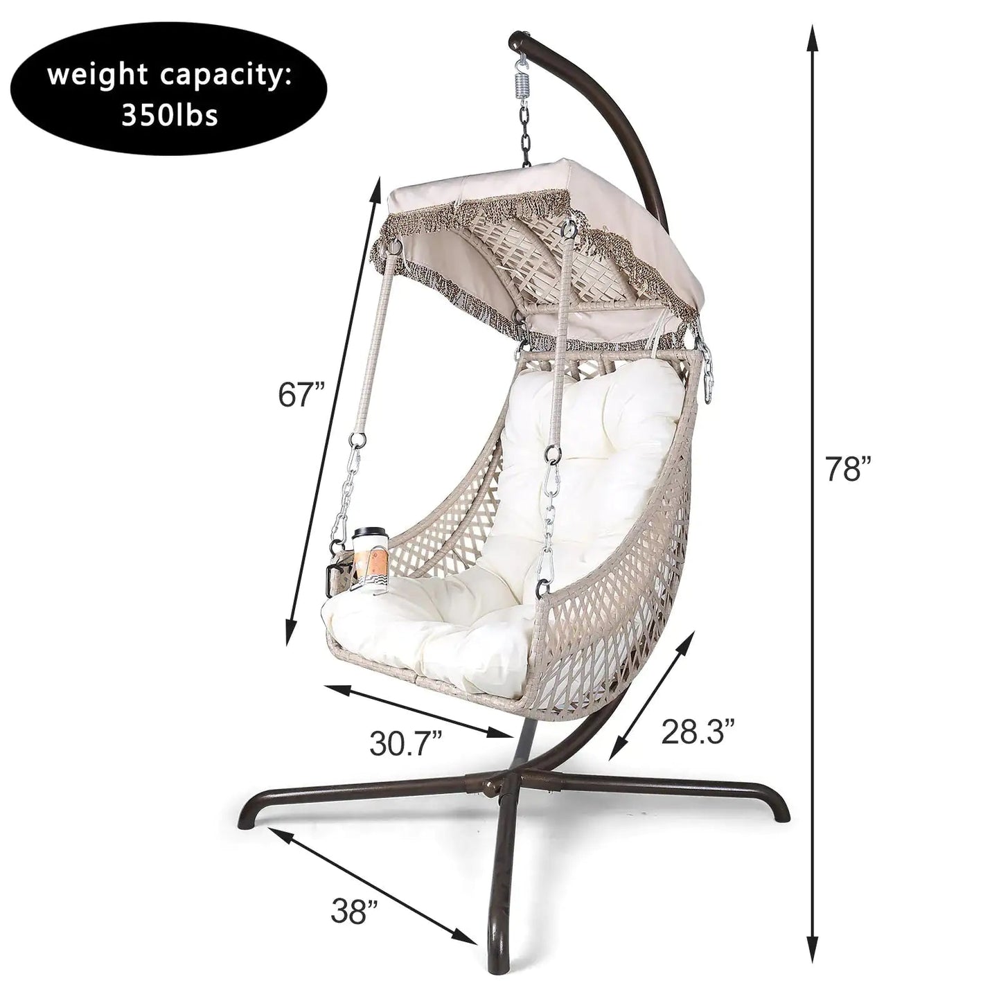 Indoor And Outdoor Swing Egg Chair With Stand, Beige UV Protection Cushion Hanging Chair With Cup Holder Kia Day Design