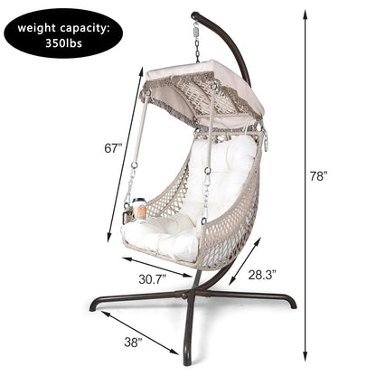 Indoor And Outdoor Swing Egg Chair With Stand, Beige UV Protection Cushion Hanging Chair With Cup Holder Kia Day Design