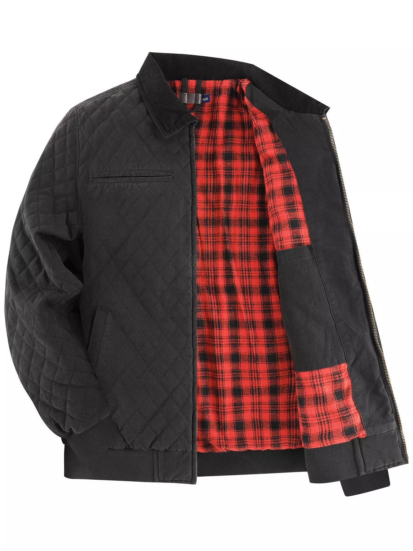 Men's Quilted Collared Neck Jacket with Plaid Lining - -