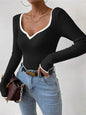 Contrast Trim Long Sleeve Knit Top - Black -