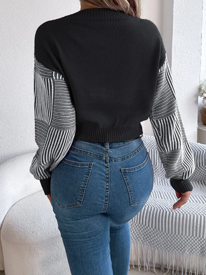 Striped V-Neck Long Sleeve Sweater - -