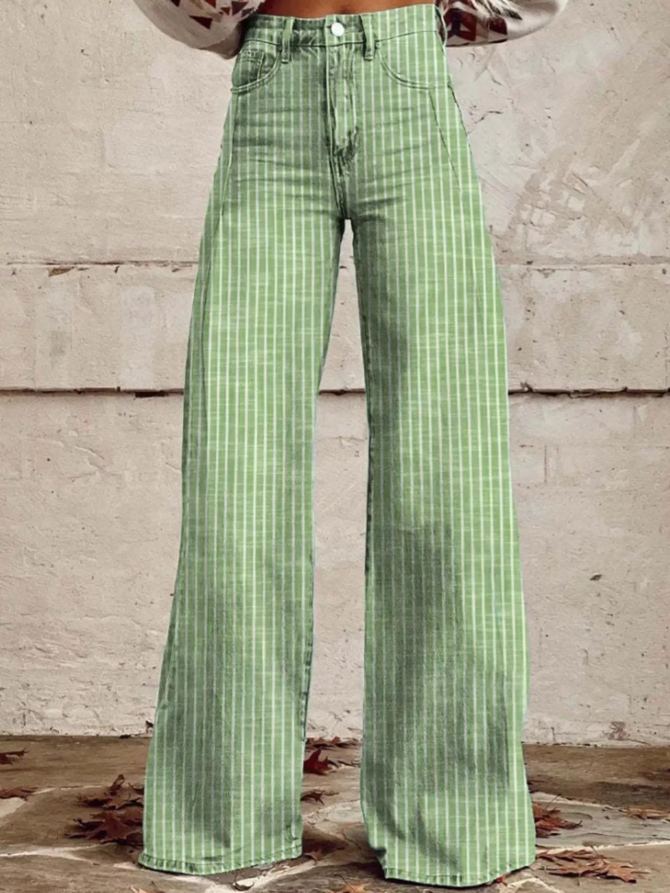 Colored Striped High-Waisted Wide Leg Jeans - Green - jeans