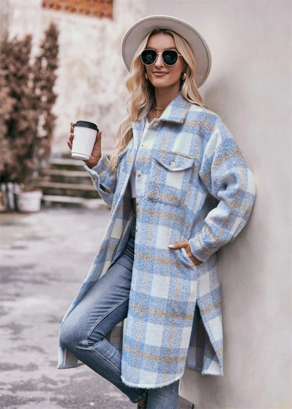 Long Jacket Women's New Pocket Plaid Long Coat Loose Mohair Long Plaid Coat