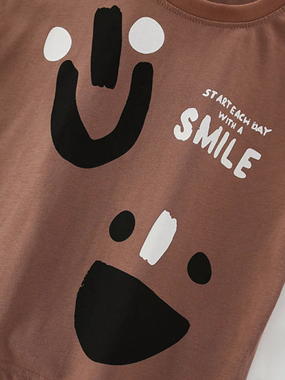 Children's Smile Print Tee and Shorts Casual Set - -