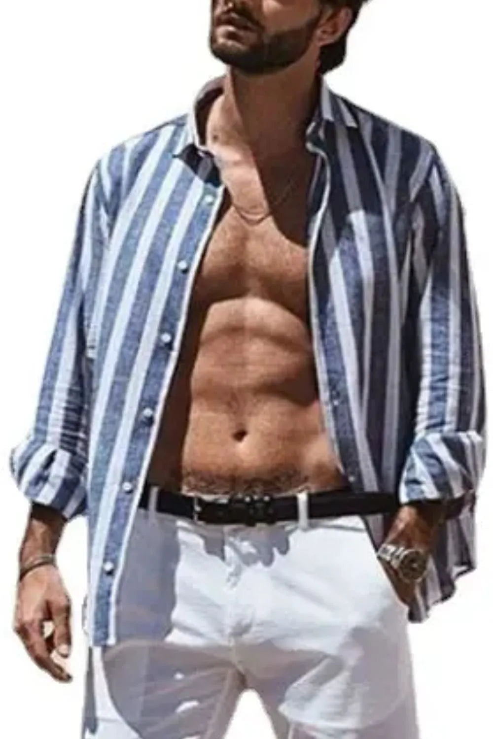 Men's Full Size Casual Striped Long Sleeve Shirt Plus Size - Light Blue -