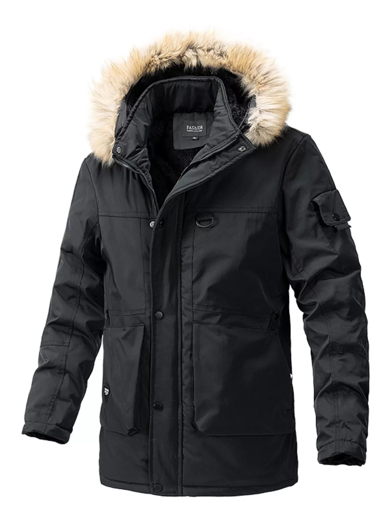 Men's Plus Size Fur Hooded Winter Parka Coat - Black -