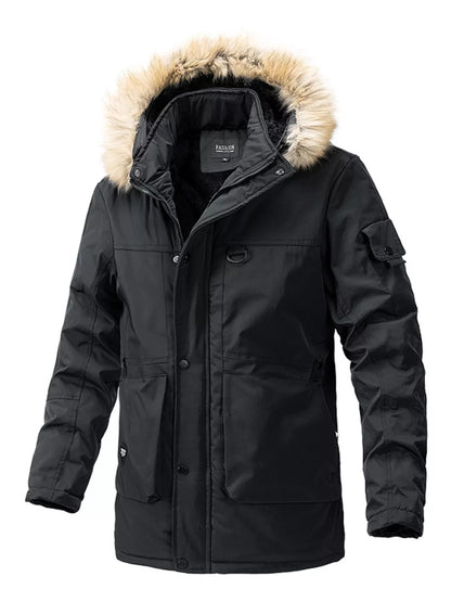 Men's Plus Size Fur Hooded Winter Parka Coat - Black -