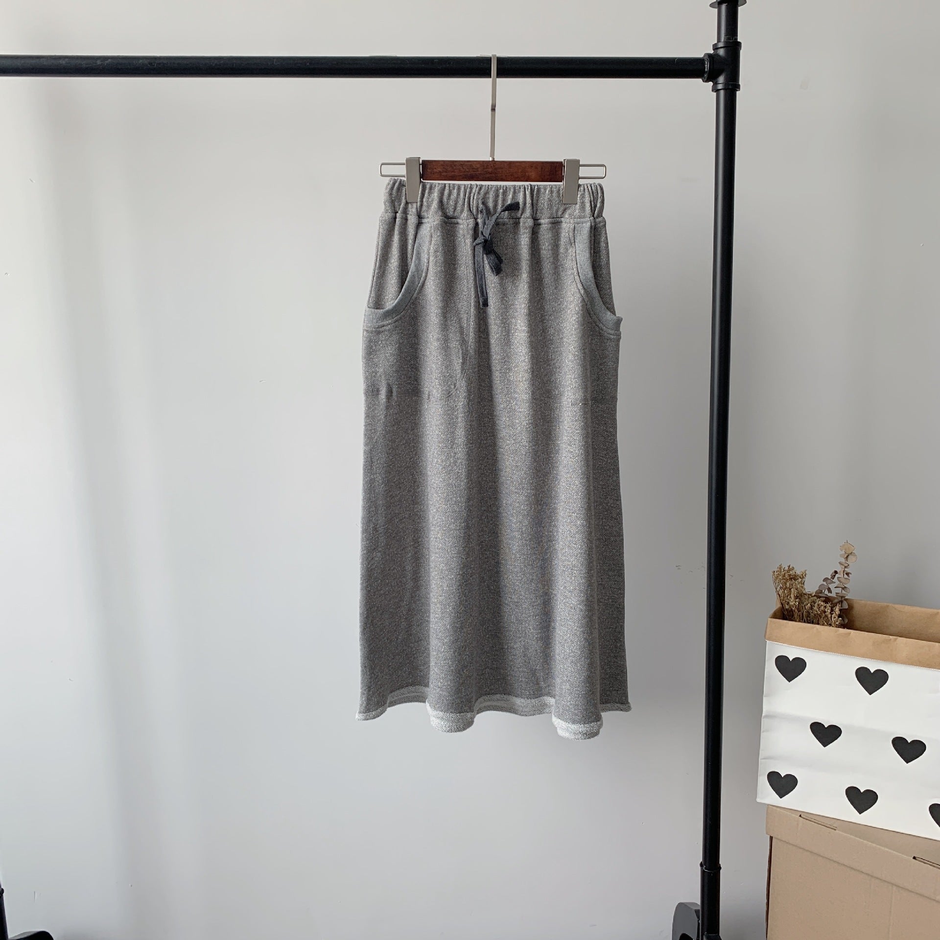 Elastic Drawstring Terry Knit Skirt with Pockets - Grey One size - skirt