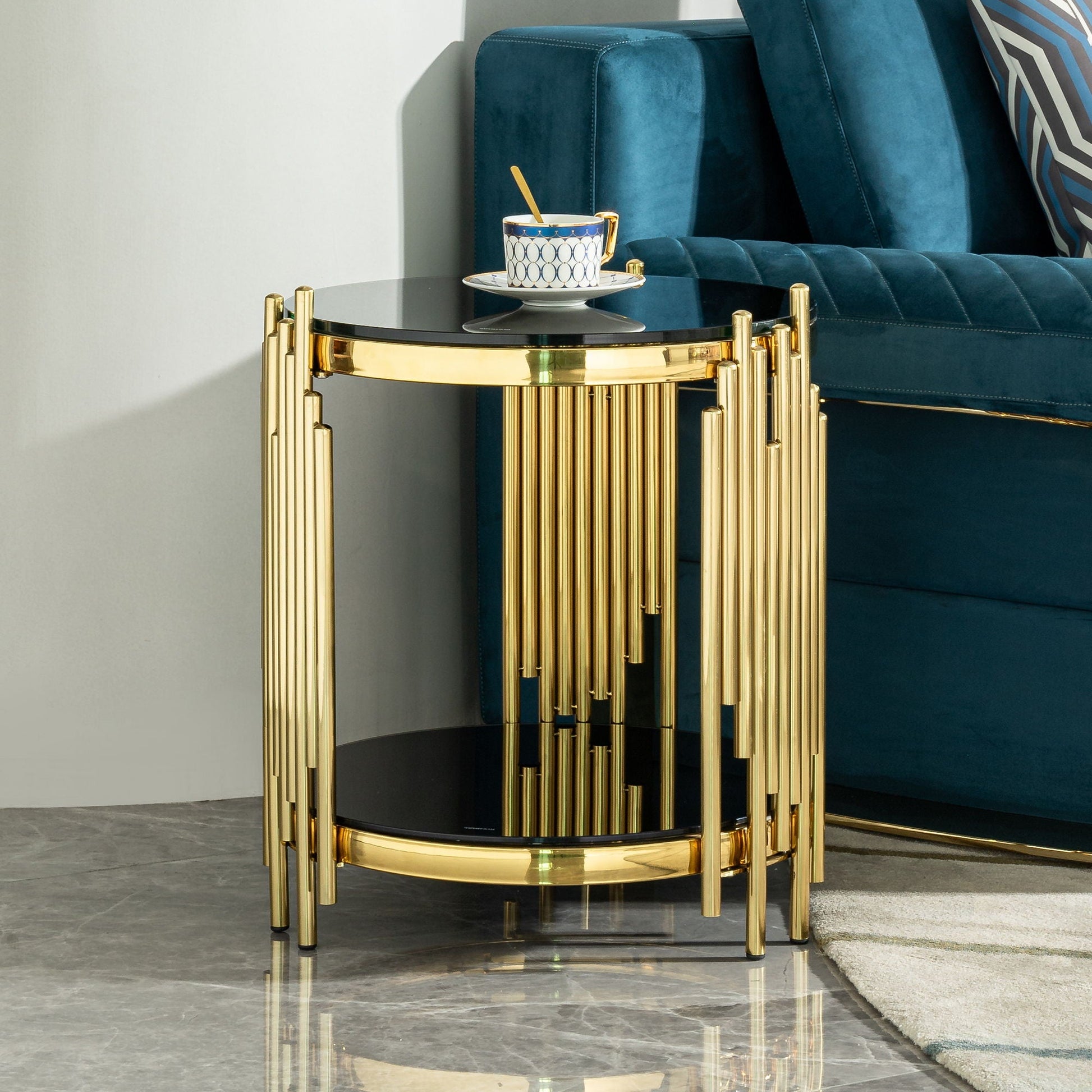 Elegant Round Table With Double Layer Tempered Glass Top And Stainless Steel Frame For Living Room - - Side Tables