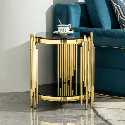 Elegant Round Table With Double Layer Tempered Glass Top And Stainless Steel Frame For Living Room - - Side Tables