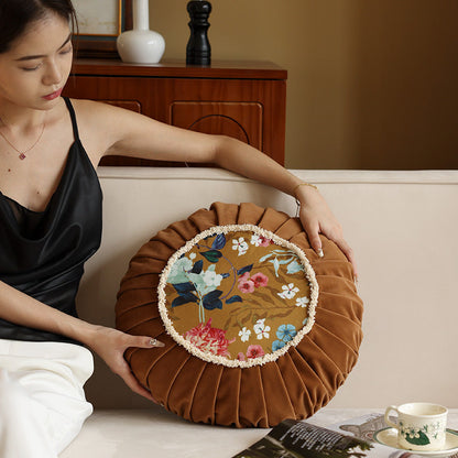 Vintage Style Chinese Floral Pattern Round Cushion - - Pillows