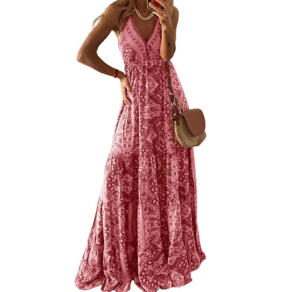 Women Boho Vintage Maxi Dress - - dress