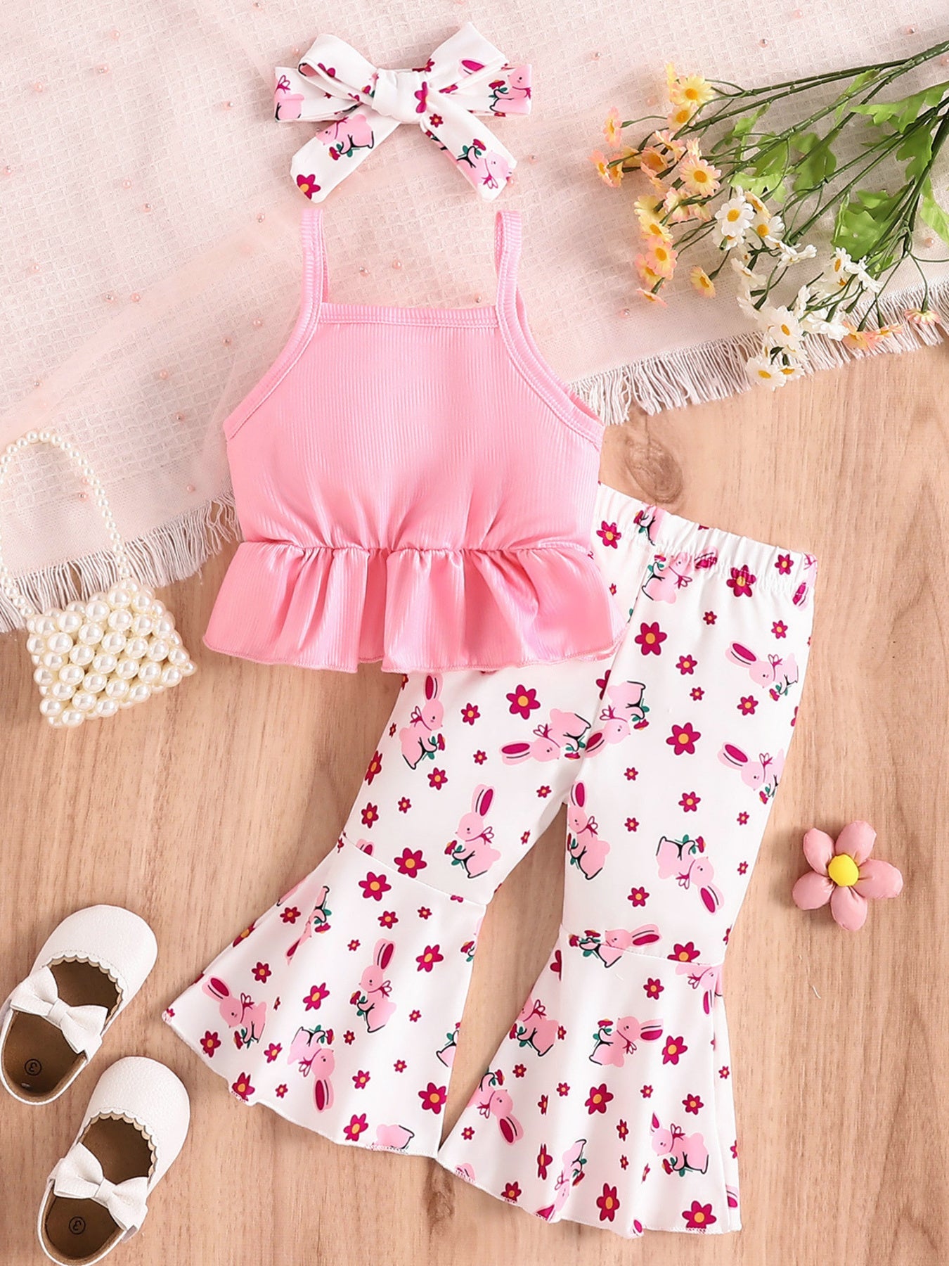 Children's Ruffle Hem Tank Top with Flare Pants and Headband Set- Shopimist- {{Product type}}