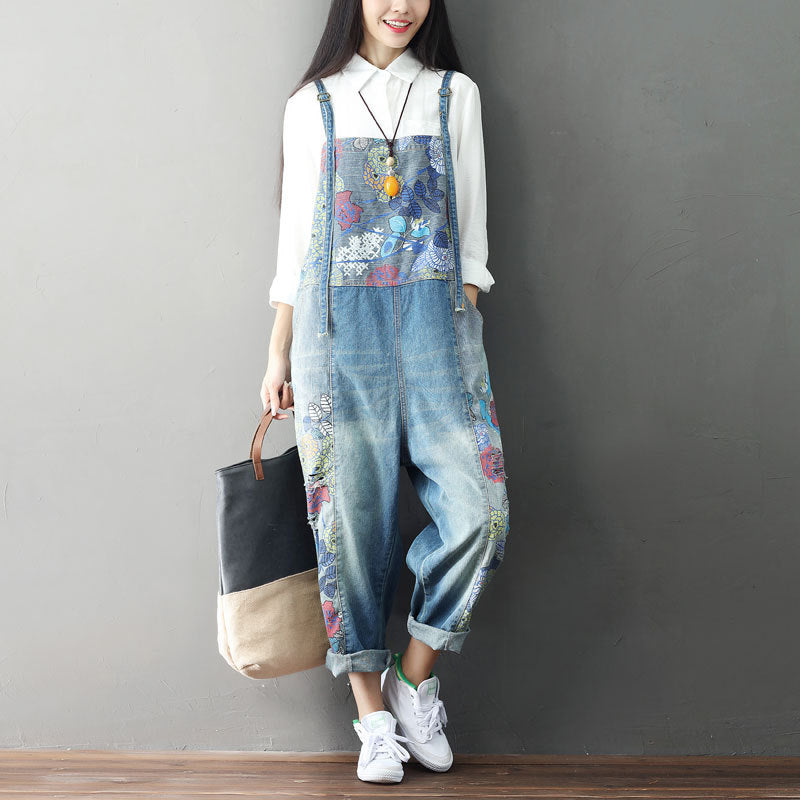 Vintage Patchwork Jeans for Women - Blue One size - overalls