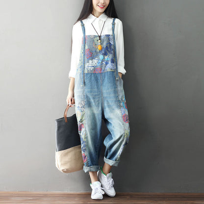 Vintage Patchwork Jeans for Women - Blue One size - overalls