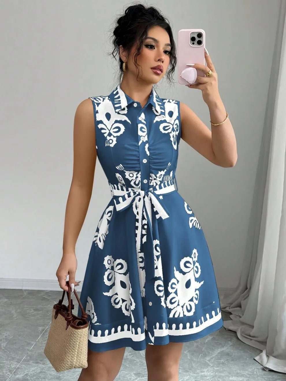 Printed Sleeveless Button Front Dress - -