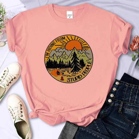 I'm Hiding From Stupid People Camping Scenery Women's Tops Hip-hop Fashion Street See size chart under “more details” - - Tops