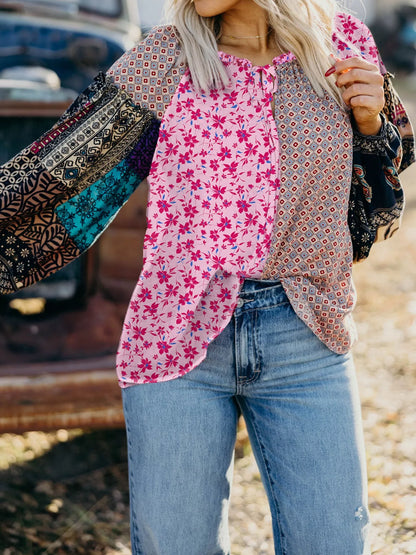 Boho Mixed Floral Drop Shoulder Bubble Sleeve Blouse - -