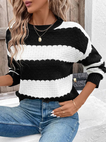 Perfee Striped Round Neck Long Sleeve Sweater - Black -