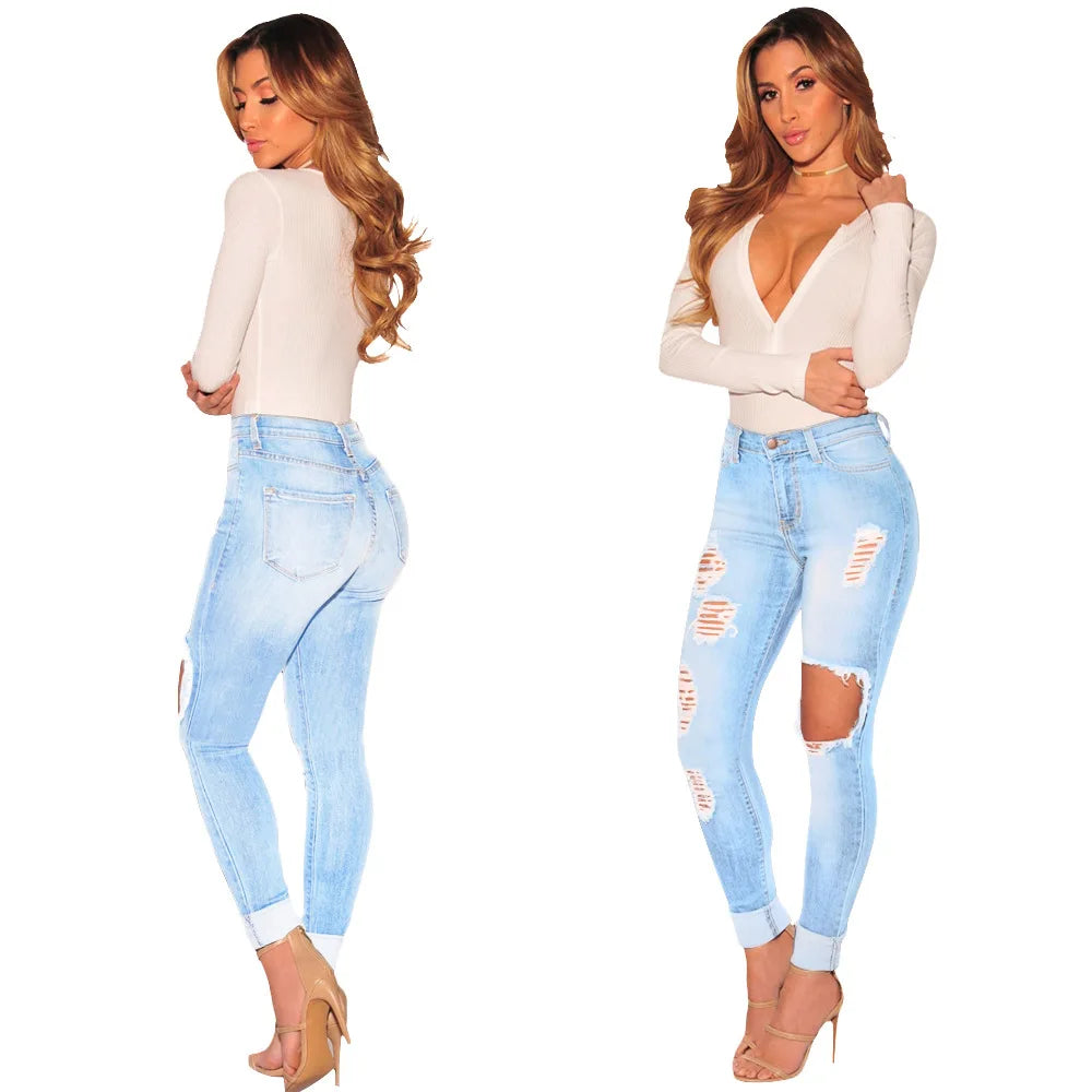 High Waist Ripped Jeans Stretch Distressed Denim Pants