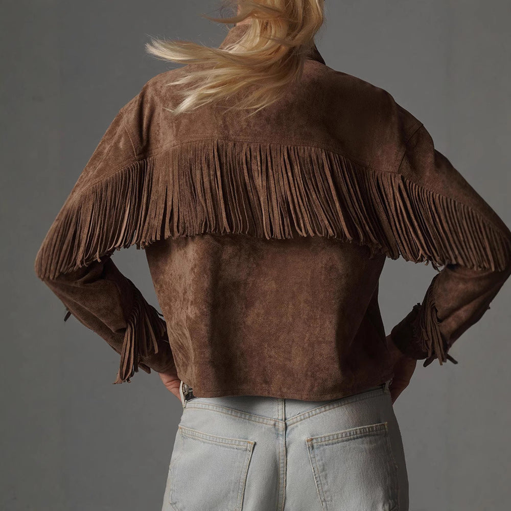 Brown Jacket With A Lapel Tassel Detailing, And Long Sleeves- Social Buzz eSIMs- {{Product type}}
