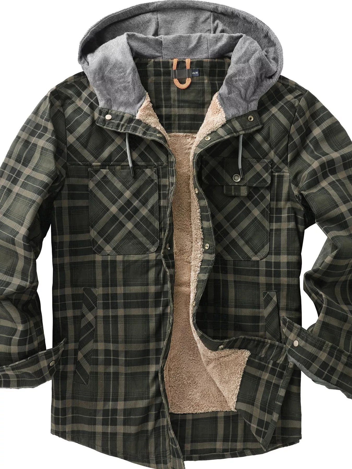 Men's Snap Down Plaid Flannel Hooded Jacket - Green -