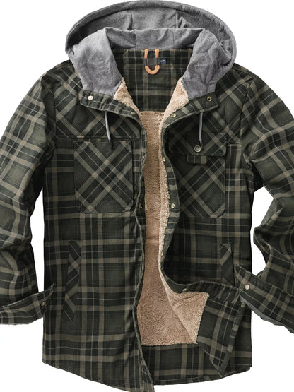 Men's Snap Down Plaid Flannel Hooded Jacket - Green -