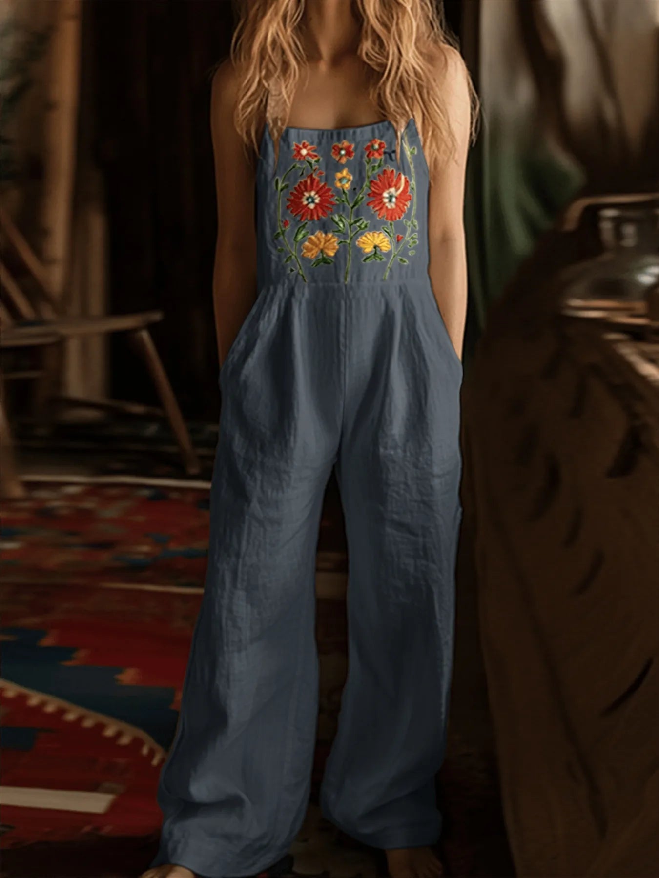 Floral Embroidered Wide Leg Jumpsuit - -
