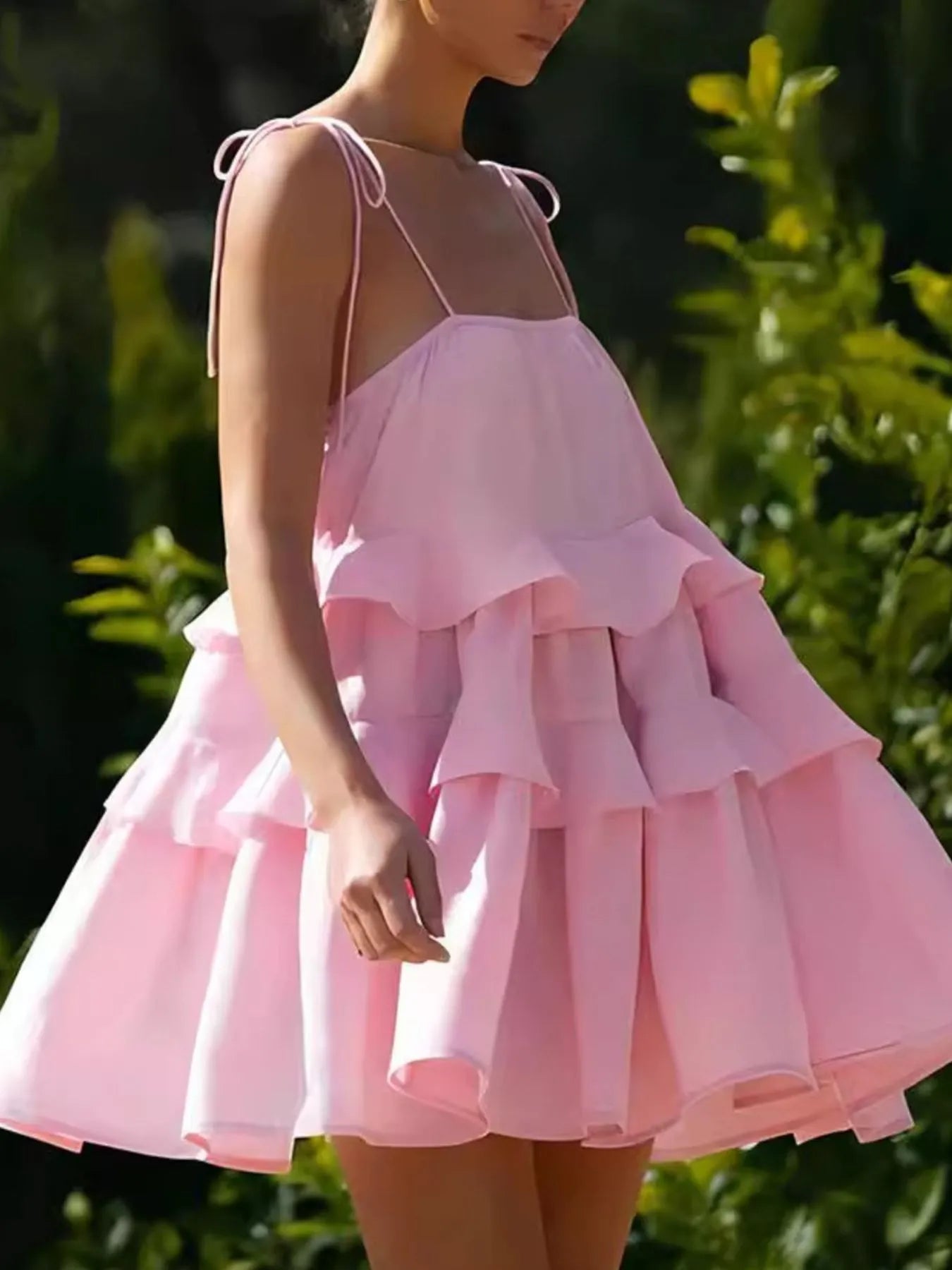 Ruffle Layered Tie Shoulder Cami Dress - -