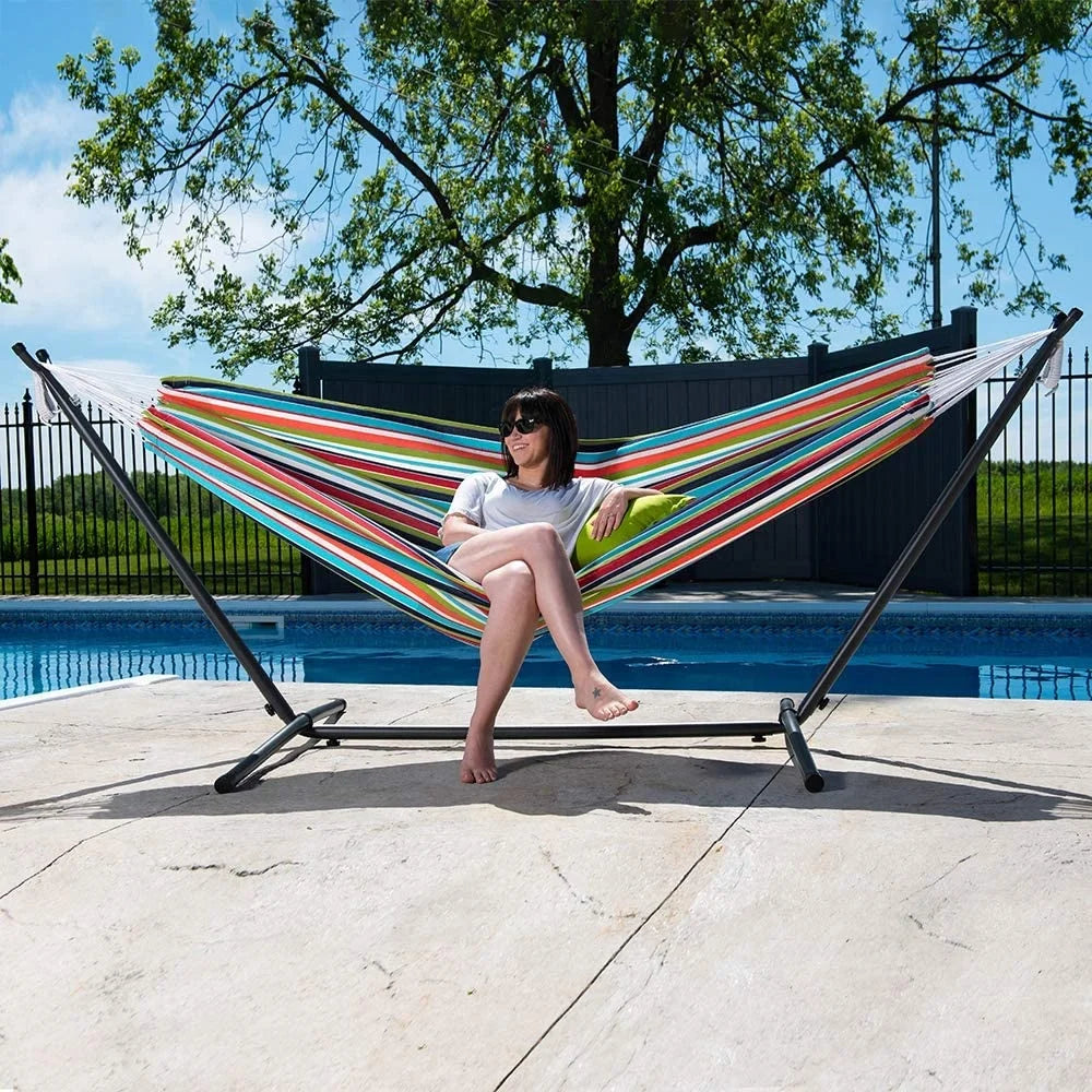 Double Cotton Anti-Rollover Stripe Stitching Color Hammock With Stand