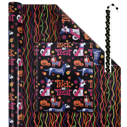 LaRibbons Halloween Wrapping Paper Roll with Black Pom Pom 17 Inch X 33 Feet (47sq.ft.ttl.) Trick or Treat Design Reversible Gift Wrap Paper for Day of the Dead Halloween Decoration Holiday Kia Day Design