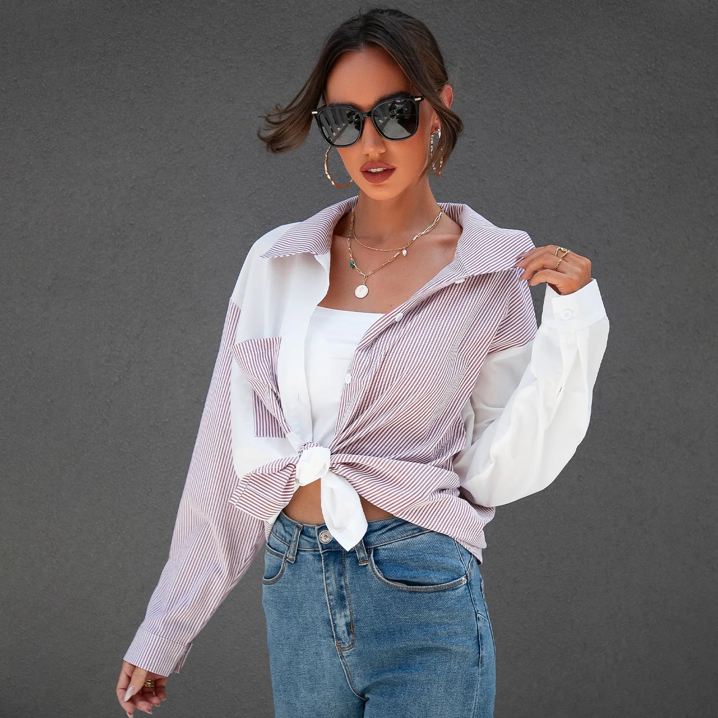 White Striped Top Two Style Turn Down Collar Shirt