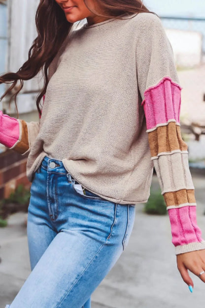 Color Block Round Neck Long Sleeve Sweater - -