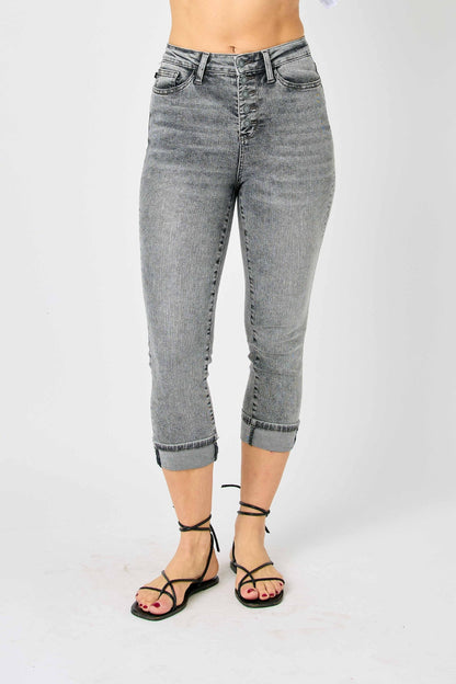 Judy Blue Sasha High Waist Cuffed Button Fly Gray Denim Capri Jeans - GRAY - jeans