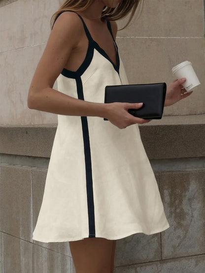 Contrast Trim V-Neck Mini Cami Dress - -