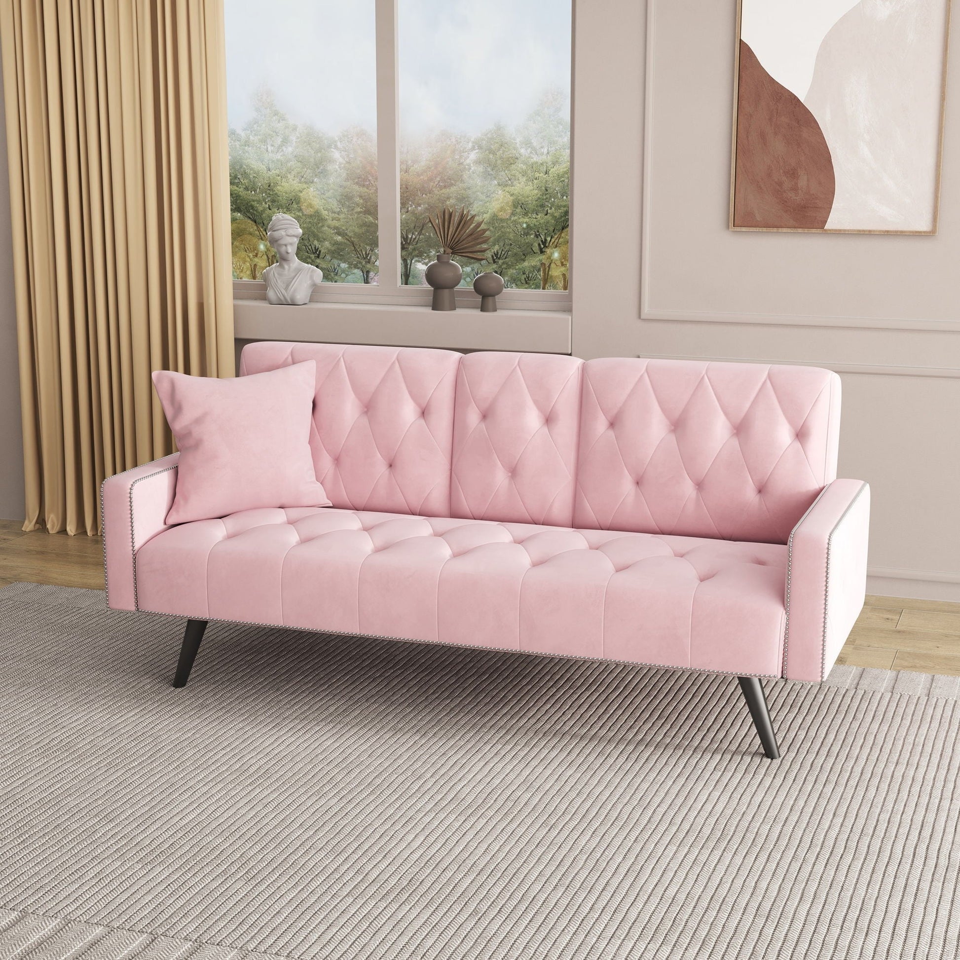 Sofa Bed With Nail Head Trim And Cup Holders - Pink- Unique Piece Furniture- {{Product type}}