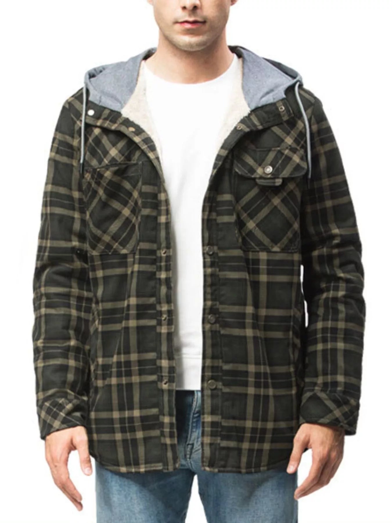 Men's Snap Down Plaid Flannel Hooded Jacket - -