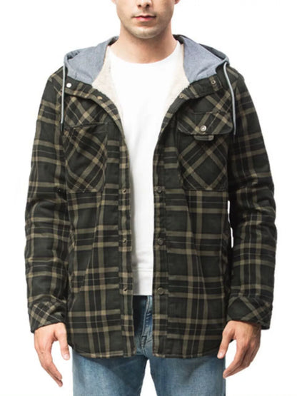 Men's Snap Down Plaid Flannel Hooded Jacket - -