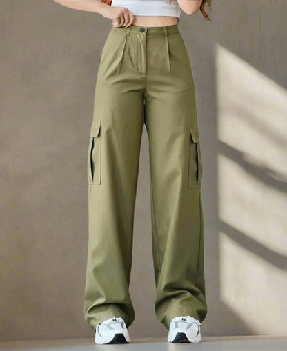 Cargo Pants Ladies Casual High Waisted Trousers With Pocket Light green