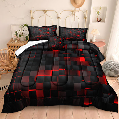 King Size Checkered Comforter Set in Black and Red - - comforter