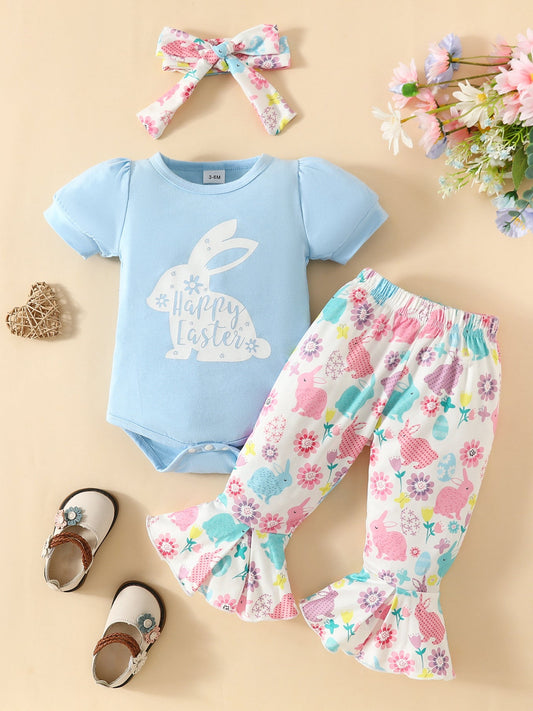 Childrens Easter Bunny Graphic and Pants Set with Headband - Sky Blue - toddler outfit