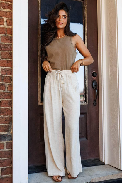 Jet Stream Drawstring Elastic Waist Button Pleated Detail Wide Leg Pants - - Bottoms/Pants & Culotte