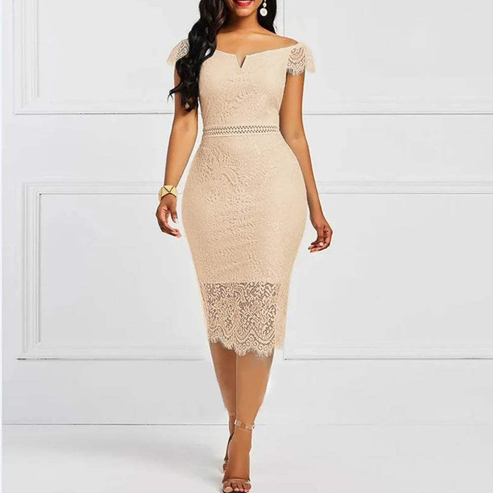 Sleeveless Off Shoulder Back Zipper Lace Slim Pencil Casual Party Evening Dress