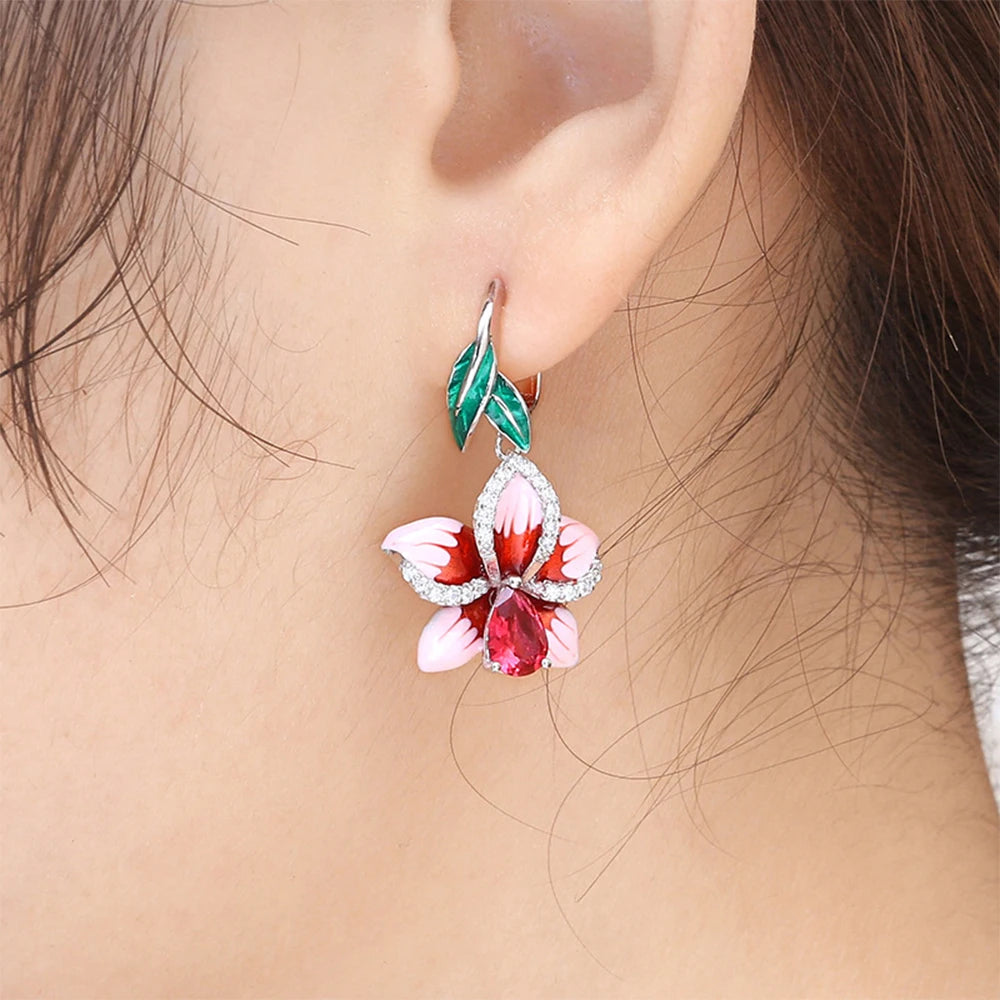 Hoop Brass Drop Creative Enamel Petal Crystal Earrings